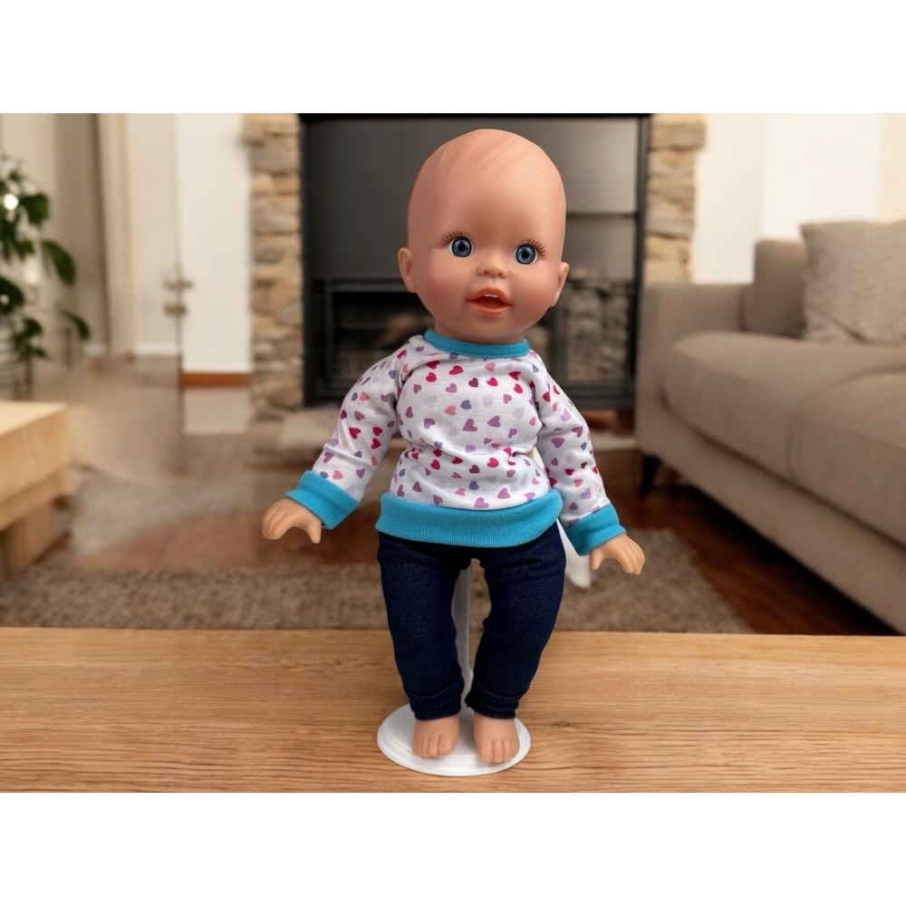 Long Sleeve Shirt With Hearts And Blue Trim‎ With Jeans For 14" Doll